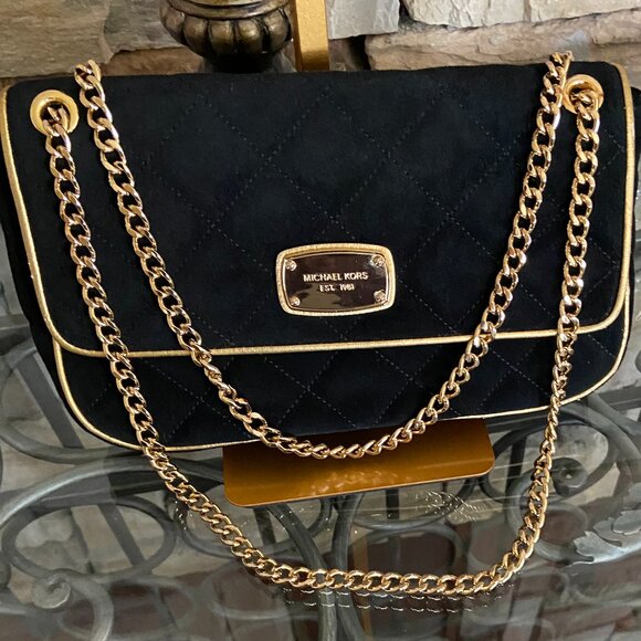Michael Kors Handbags - MICHAEL Michael Kors Black/Gold Trim Suede 2-Way Shoulder Bag